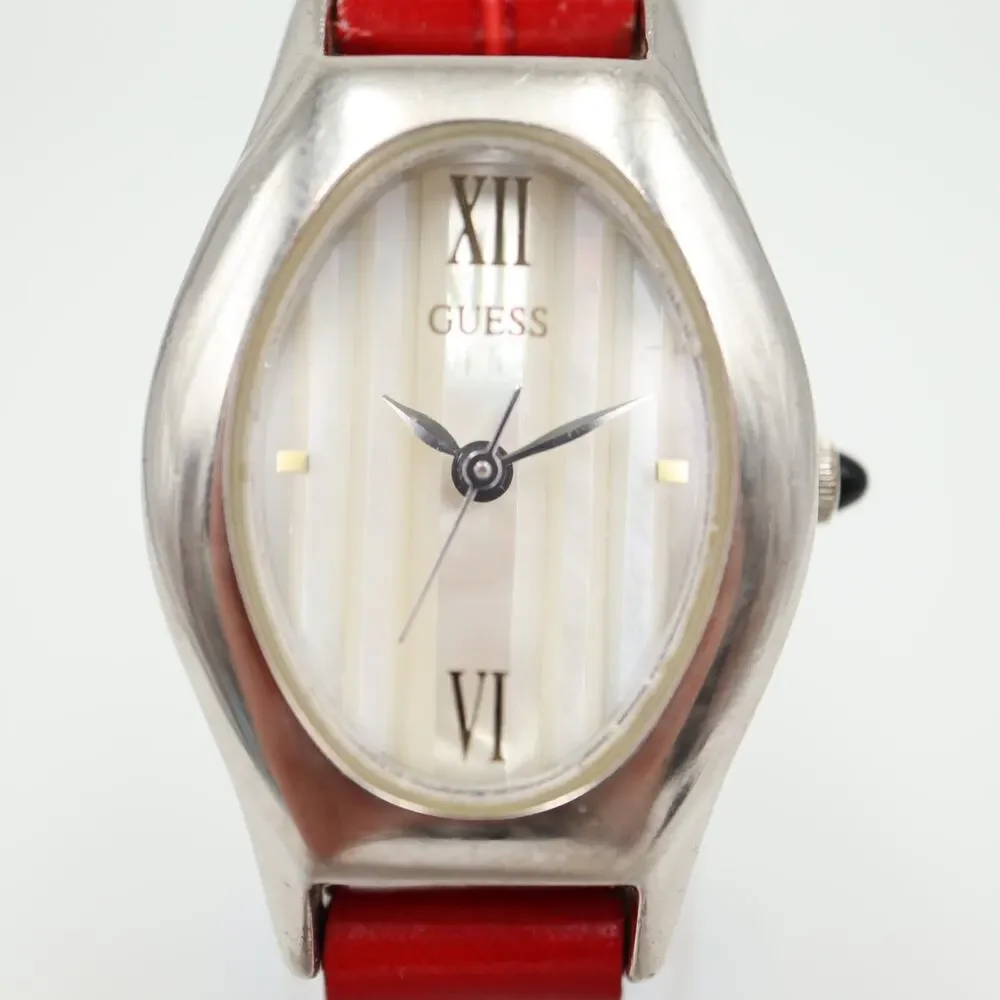 Vintage 1996 Guess Striped MOP Watch 22mm Oval Dial Red Leather w New Battery